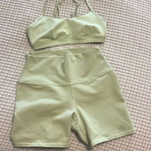 ALO Yoga Light Green Sports Bra and Shorts Set